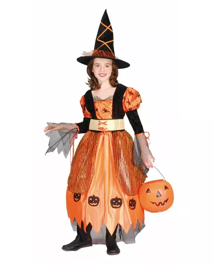 Halloweenowy kostium pomarańczowej wiedźmy dla dziewczynki, Rozmiar: 10-12 lat (130-140 cm)