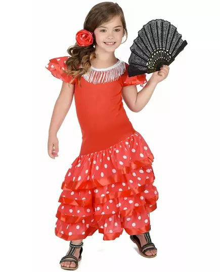 Czerwony kostium tancerki flamenco w białe kropki dla dziewczynek, Rozmiar: 10-12 lat (130-140 cm)