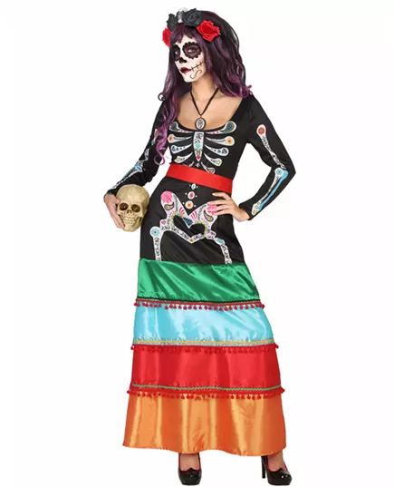 Kolorowy meksykański długi kostium damski Dia de los muertos, Rozmiar: M/L