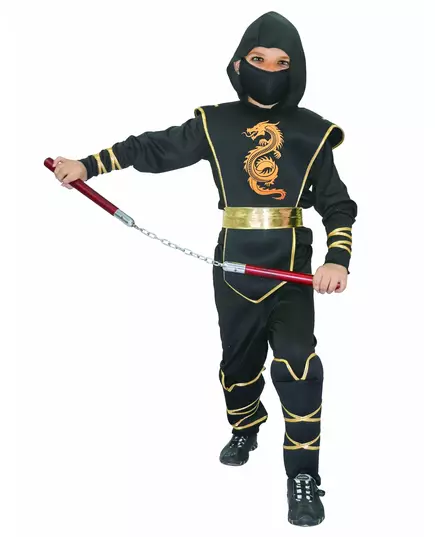 Czarno-złoty kostium ninja dla chłopca, Rozmiar: 10-12 lat (130-140 cm)