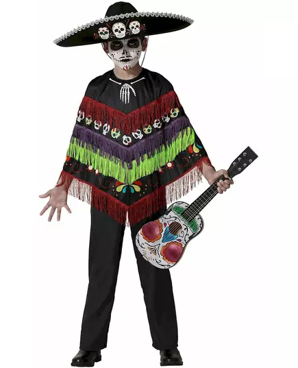 Kostium poncho ze szkieletem Dia de los Muertos dla dzieci, Rozmiar: 7-9 lat (130-145 cm)