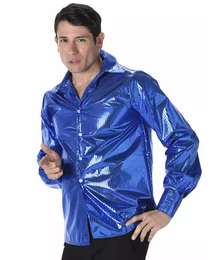 Męska niebieska cekinowa koszula disco, Rozmiar: Medium, image 2