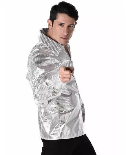 Męska Srebrna Błyszcząca Koszula Disco, Rozmiar: Medium, image 2