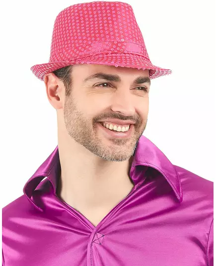 Dorosły neonowy różowy cekinowy kapelusz borsalino, image 2