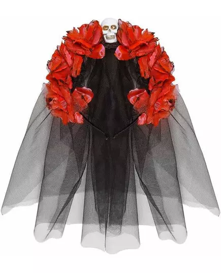 Nakrycie głowy w czerwone kwiaty z kobiecą czaszką Dia de los muertos, image 2