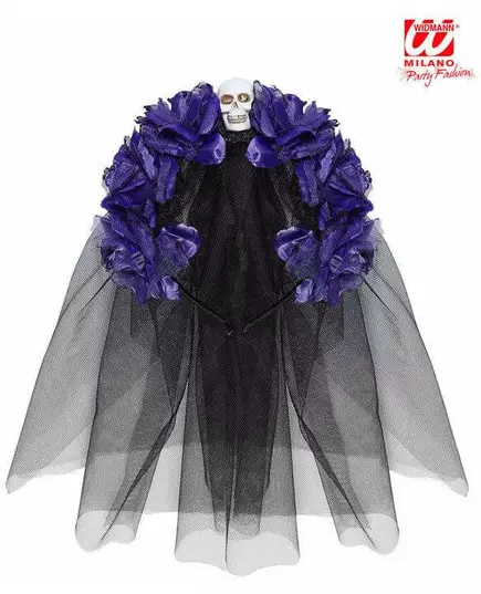 Dia de los muertos kobieta czaszka fioletowe kwiaty stroik, image 2