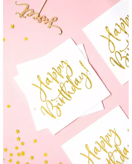 20 biało-złotych serwetek papierowych Happy Birthday o wymiarach 33 x 33 cm, image 2