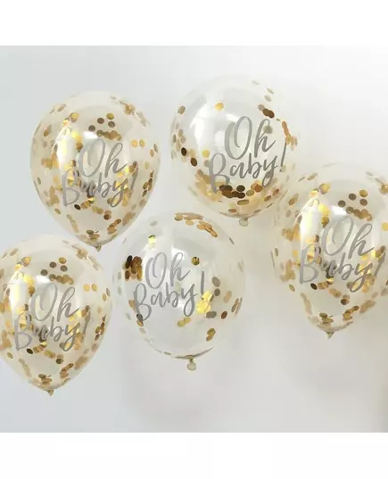 30 cm przezroczyste balony Oh Baby z metalicznym złotym konfetti, image 2