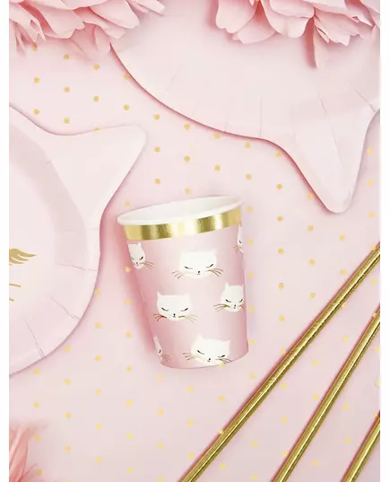 6 różowo-białych kubków papierowych w kształcie kotka 200 ml, image 2