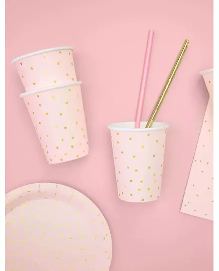 6 jasnoróżowych i złotych papierowych kubków w kropki o pojemności 260 ml, image 2