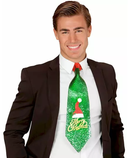 Zielony krawat z cekinami Merry Christmas, image 2